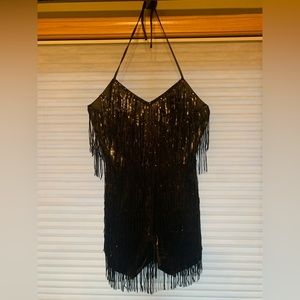 Black, sequence and fringe short romper